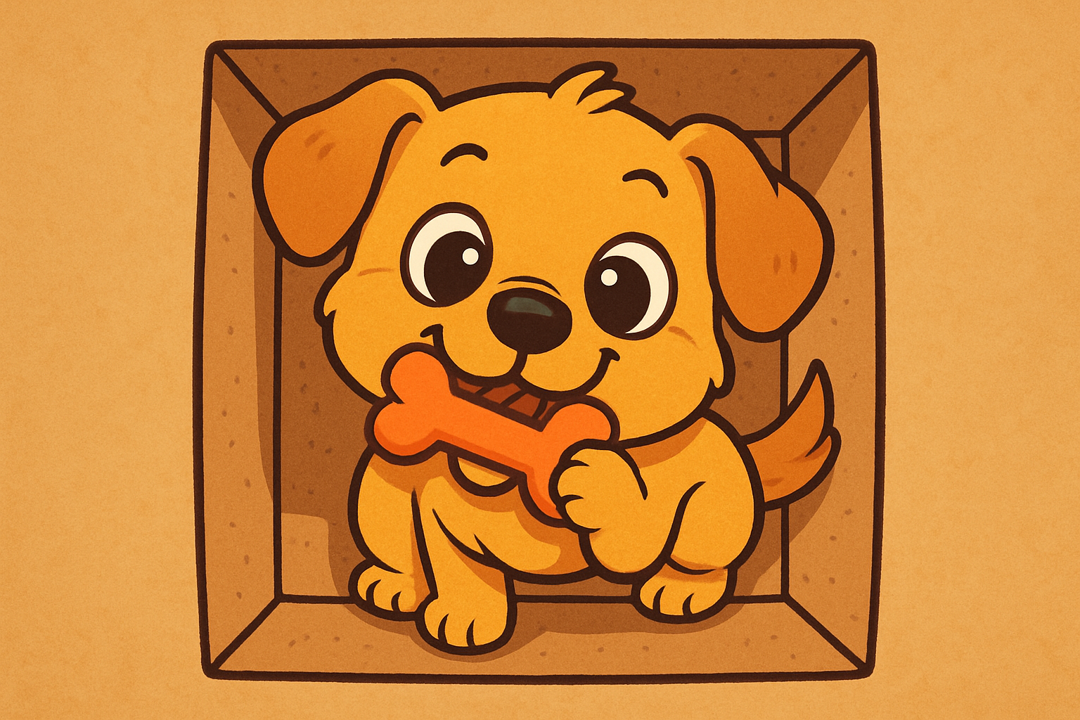 Box chiot vue du dessus avec un visuel de chiot qui mastique en style cartoon