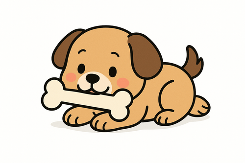 Un chiot allongé qui ronge un os en style cartoon sur fond blanc